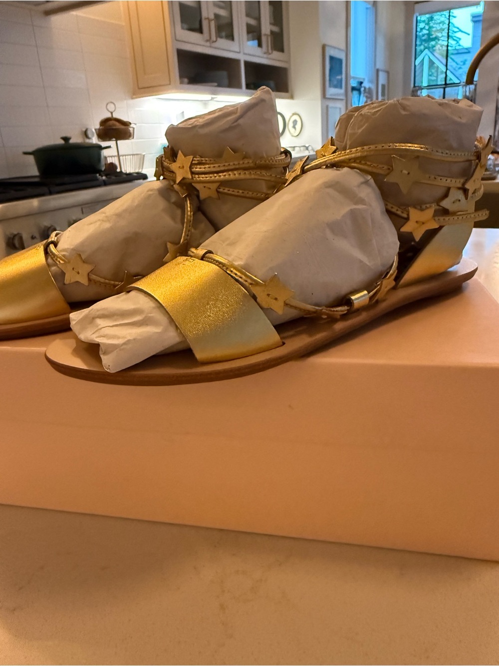 New in box Loeffler Randall Gold Star-Strap Women's Flat Sandals